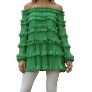 A351  Nancy Green Pleated Ruffle Romantic Chic  Chiffon Off-Shoulder Top  NWT XL